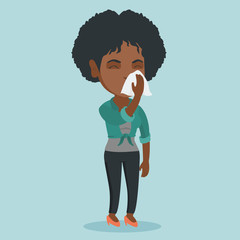 Young african-american woman blowing her nose to a paper napkin. Sick woman sneezing. Unwell woman having an allergy and blowing her nose to a tissue. Vector cartoon illustration. Square layout.