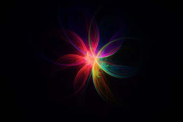 Fractal in neon colors with curved lines shaping a flower, on dark background
