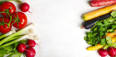 Fototapeta na wymiar Fresh vegetables ingredients white background, vegetarian food and diet nutrition concept.