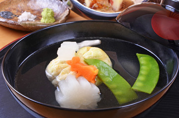 Japanese soup with yam.yuba and pea