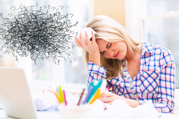 Doodles with young woman with crumpled paper balls