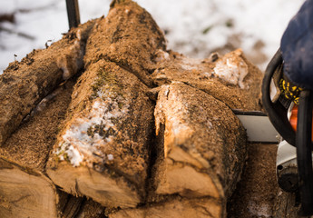 Man cuts firewood in chainsaw in winter
