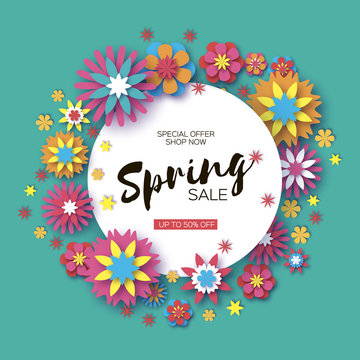 Sale. Origami Spring Colorful Flowers Banner. Paper cut Floral Greetings card. Spring blossom. Circle frame. Happy Women s Day. 8 March. Text. Seasonal holiday on blue. Trendy decor.