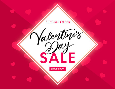 Sale Valentines Day banner pink hearts. Valentines Day sale banner template with typography text special offer valentine`s day and hearts on pink background. Vector illustration
