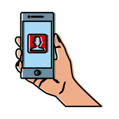 Hand holding smartphone icon vector illustration graphic design