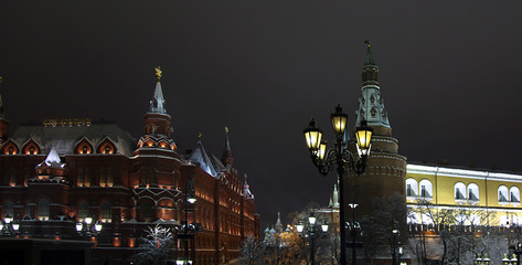 Moscow, Russia January 3st 2011: - The State Historical Museum of Russia. Located between Red Square and Manege Square in Moscow,was founded in 1872. on the background St. Basil's Cathedral.