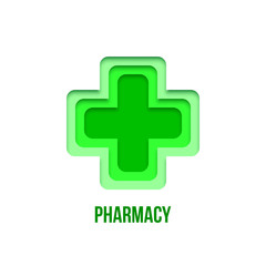Obraz premium Green pharmacy sign. Vector paper art pharmacy symbol isolated on white background.