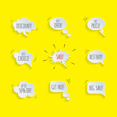 Promotion speech bubble set. Vector speech bubbles with Sale, Discount, Best Offer etc words isolated on yellow comic book background.