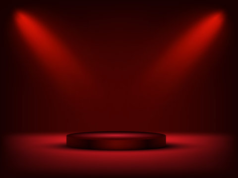 Red cylinder podium under light on red background. Vector illustration.