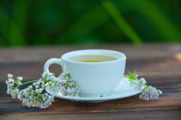 porcelainl cup with green tea on table