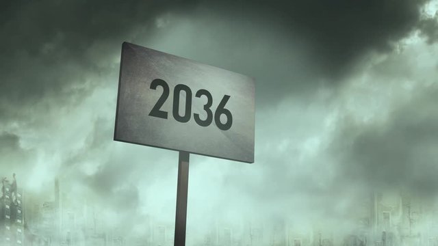 Ominous rusty sign against post apocalyptic city background - 2036 Typography