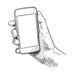 Hand holding mobile phone, sketch vector illustration