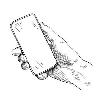 Hand Holding Mobile Phone, Sketch Vector Illustration