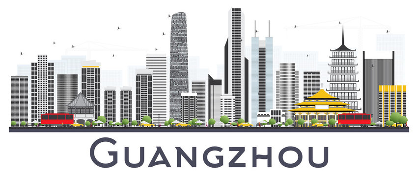 Guangzhou China City Skyline with Gray Buildings Isolated on White Background.