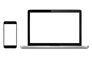 Modern digital laptop and mobile phone with blank screen