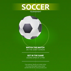 Soccer, design of flyer. Soccer, european football ball on background of the playing field, top view. Template of announcement for sports event invitation. Vector 3D illustration.