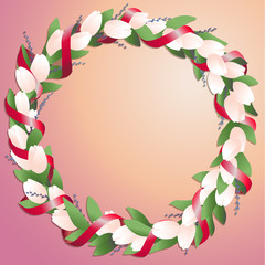 Wreath made from tulips and springs with bright red silk ribbon