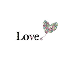 Love word and a heart balloon illustration with leaves and doodles on a white background.