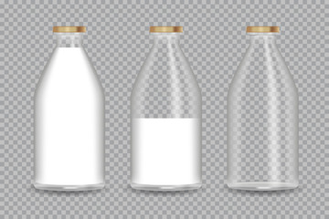 Realistic Transparent Glass Bottle with a Milk. Vector illustration.