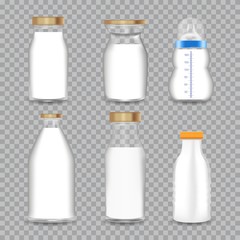 Realistic Transparent Glass Bottles with a Milk set. Vector illustration.