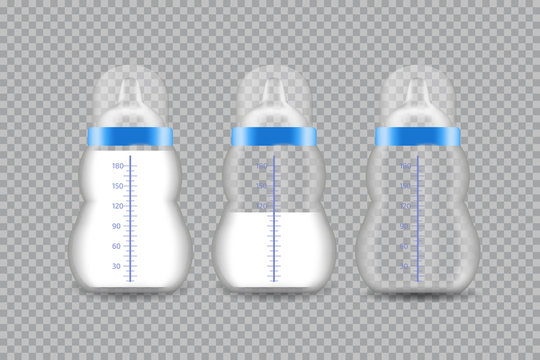 Realistic Transparent Baby Bottle with a Milk. Vector illustration.