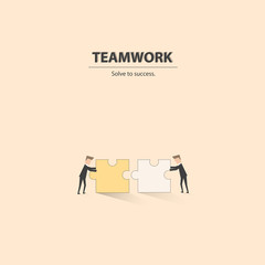 Businessman pushing jigsaw puzzle to make it completed. Business concept of teamwork, cooperation and collaboration. Vector illustration.