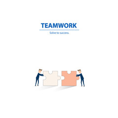 Businessman pushing jigsaw puzzle to make it completed. Business concept of teamwork, cooperation and collaboration. Vector illustration.
