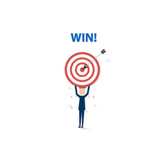 Businessman win a target goal. Business concept of achievement, success and ambition. Vector illustration.