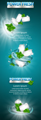 Product design element, big banner . Mint flavor gum ad with leaf and water splash element,on light blue background, 3d illustration