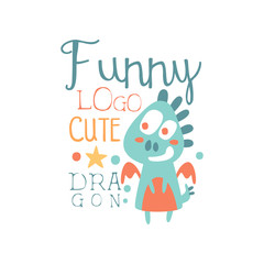 Funny cute dragon logo, baby shop label, fashion print for kids wear, baby shower celebration, greeting, invitation card colorful hand drawn vector Illustration