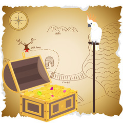 Treasure chest with map. Pirate treasure. Parrot Cockatoo sits in the vault of the treasure.