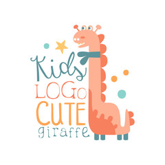 Kids logo, cute giraffe, baby shop label, fashion print for kids wear, baby shower celebration, greeting, invitation card colorful hand drawn vector Illustration