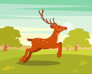 Obraz na płótnie Canvas Brown graceful deer with antlers, wild animal amongst a backdrop of green meadow and forest vector Illustration