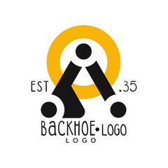 Backhoe logo design, estd 1935, excavator equipment service yellow and black retro label vector Illustration