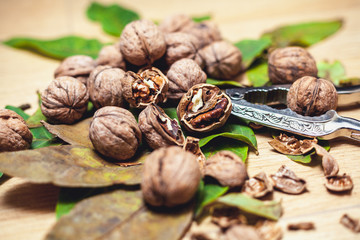 Several walnut kernels and lie on brown background