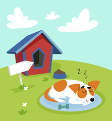 Cute jack russell terrier dog sleeping on a mat in front of its kennel in garden on summer sunny day vector Illustration in cartoon style