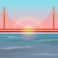 Golden Gate Bridge against the setting sun, suspension bridge over water vector illustration