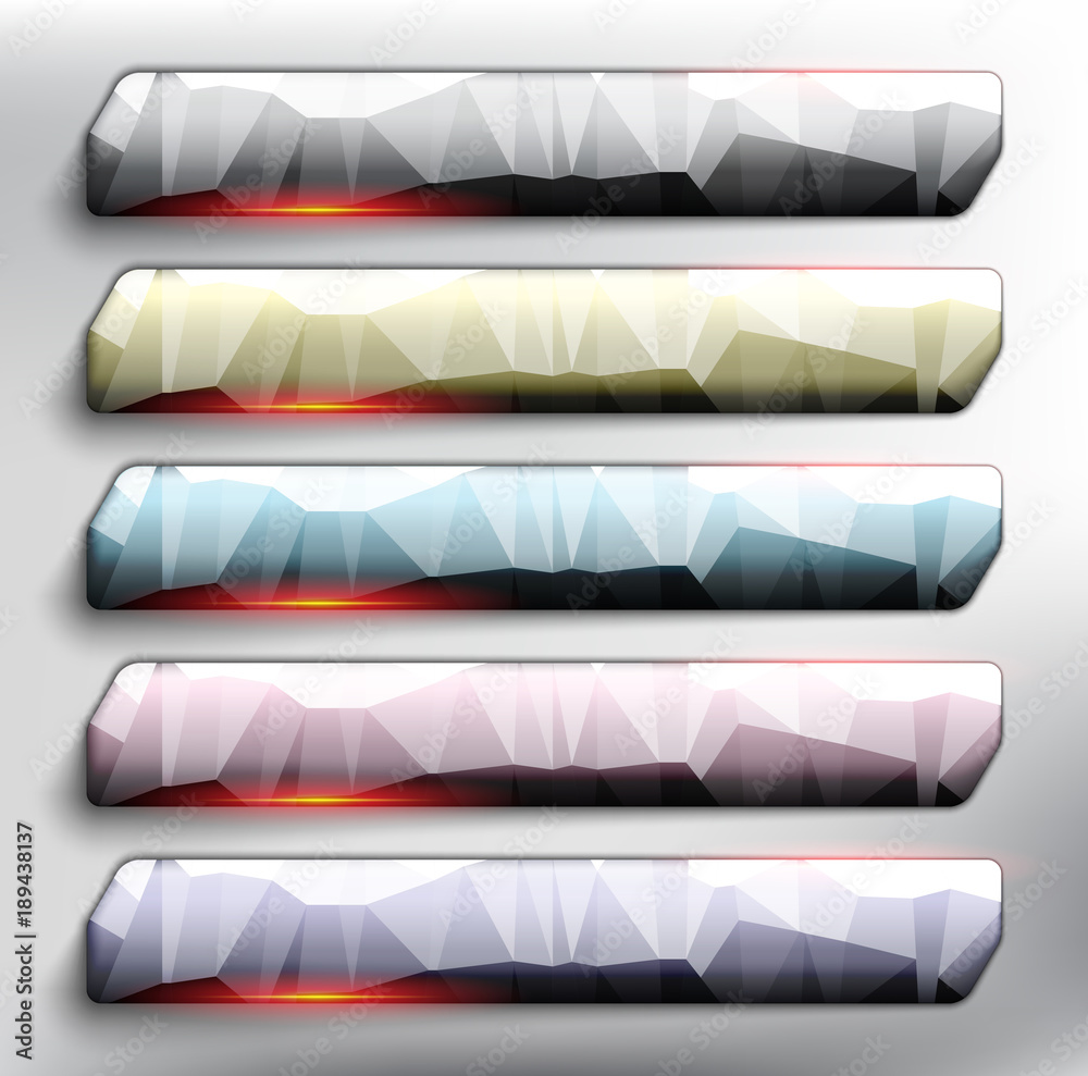 Wall mural abstract vector web buttons set of 5. horizontal crystal banners in pastel colors. isolated with rea
