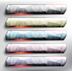 Obraz premium Abstract vector web buttons set of 5. Horizontal crystal banners in pastel colors. Isolated with realistic, transparent glass shine and shadow on the light background. Vector illustration. Eps10.