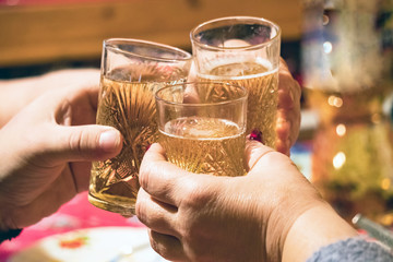 Clinking glasses of champagne in hands on a natural background