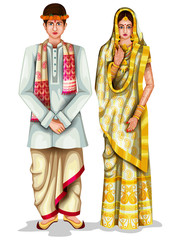 Assamese wedding couple in traditional costume of Assam, India