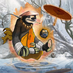 sloth monk game character in a snowy mountain makes objects levitate
