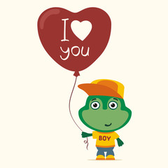 I love you! Funny frog with balloon heart for Valentine Day. Greeting card for Valentine Day.
