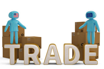 Two figure people on trade Letter and cartons 3D illustration.