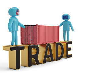 Two figure people on trade Letter and container 3D illustration.