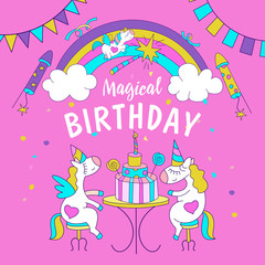 Unicorns. Illustration of happy birthday