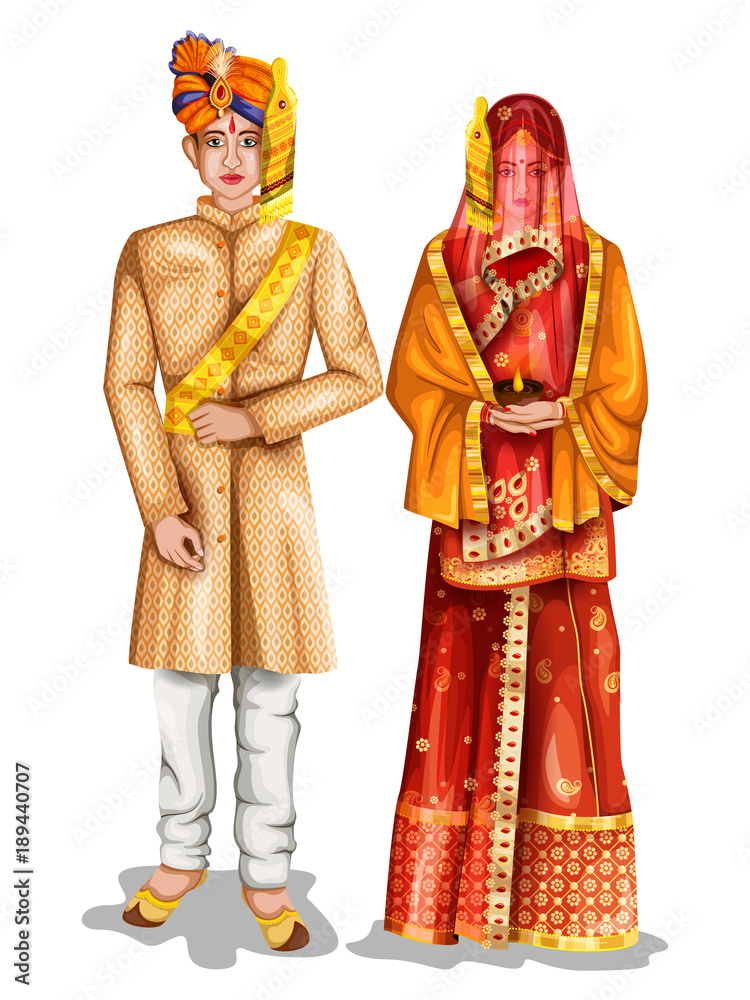 Wall mural uttarpradeshi wedding couple in traditional costume of uttar pradesh, india