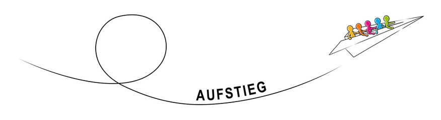 Aufstieg: Eine Gruppe Strichmännchen fliegt im Papierflieger aufwärts