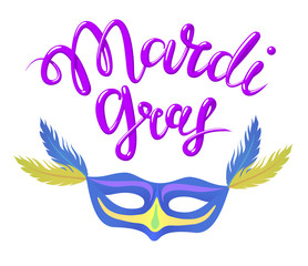 Calligraphy with the phrase Mardi Gras and masquerade mask. Blue hand drawn lettering. Vector illustration, isolated on white background.
