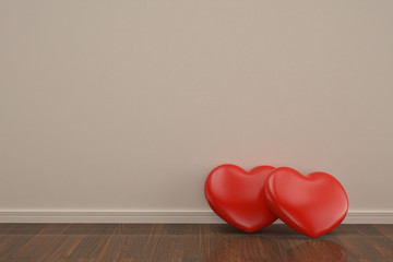 Two hearts on wooden floor 3D illustration.